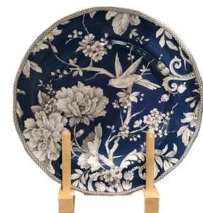 222 Fifth s/ 8 ADELAIDE DINNER PLATES DARK BLUE Toile Bird Paisley Porcelain NEW - Picture 1 of 4