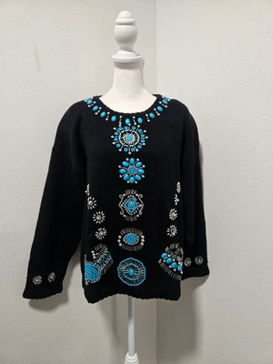 80s/90s STUDIO COLLECTION BLACK RAMIE/COTTON SILVER/BLUE BEADED SWEATER SZ L - Image 1 of 4