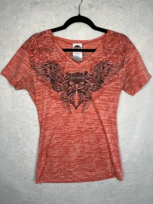 Camisa Harley-Davidson Mujer XL Naranja Gráfico Barra Alada Escudo Timpanogos EE. UU. Foto 1 de 4