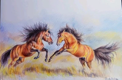 Lápiz de color original dibujo sobre papel caballo corriendo, arte equino ecuestre 16x11" Foto 1 de 4