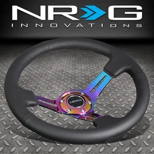 NRG REINFORCED 350MM 3"DEEP DISH NEO CHROME SPOKE BLACK LEATHER STEERING WHEEL - Picture 1 of 5