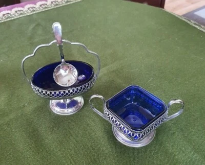 Gebäckschale&Zuckerschale Bonboniere blau mit Metallkorb und Henkel ENGLAND - Bild 1 von 4