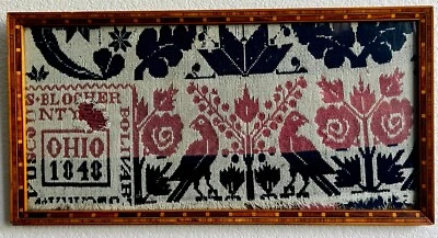 Antiguo cobertor jacquard enmarcado de 1848 Sarah Blocher condado de Bolívar Ohio Foto 1 de 4