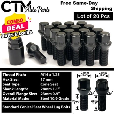 Juego de 20 pernos de asiento cónicos negros 14x1,25 + bloqueo de rueda aptos para BMW F-Body/G-Body Foto 1 de 4
