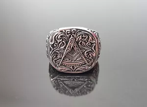 Masonic Ring 925 Sterling Silver Mason Compass Eagle Sacred Geometry Symbols - Picture 1 of 8