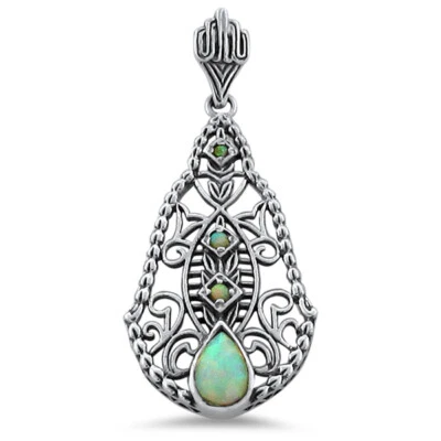 DECO ANTIQUE STYLE 925 STERLING SILVER LAB-CREATED OPAL FILIGREE PENDANT    #336 - Image 1 of 2