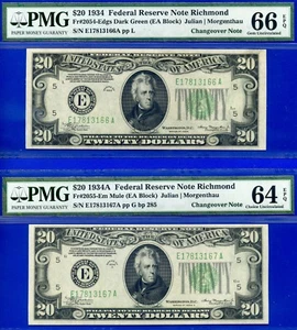 1934 / 1934A $20 FRN Richmond changeover PMG 66EPQ  gem Fr 2054-E / Fr 2055-Em - Picture 1 of 2