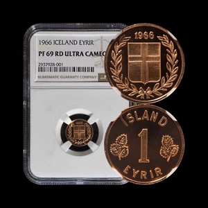 ICELAND. 1966, 1 Eyrir - NGC PF69 - Top Pop 🥇 Floral Wreath and Shield RARE - Picture 1 of 5