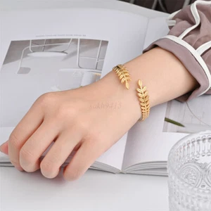 Stainless Steel Leaves Adjustable Bangle, Unique Handmade Jewelry - Picture 1 of 10