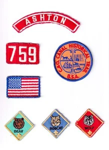 Vintage BSA Patch LOT (7) Ashton MD 759 C&O Canal Trail US Flag Bear Bobcat Wolf - Picture 1 of 15