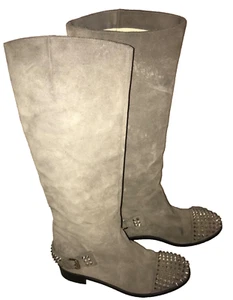 Christian Louboutin Egoutina Beige Spike Suede Knee High Boots SZ 38.5 - Picture 1 of 18