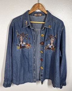 Vtg 90s Just My Size Denim Shirt Button Embroidered Fall Leaves Autumn 2X - Picture 1 of 6