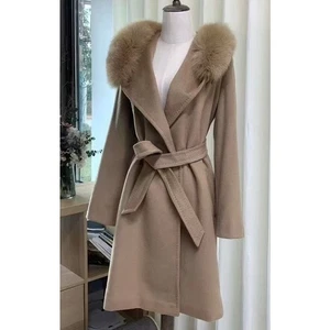 MaxMara Tan Real Fur Asymmetrical Collar Belted Long Wool Coat Sz. 8 - Picture 1 of 13
