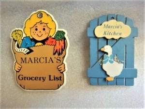 2 VINTAGE Personalized KITCHEN MAGNETS - Marcia's Kitchen Marcia's Shopping List - Picture 1 of 6