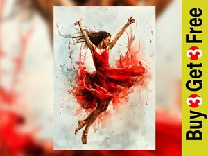 Red Dress Dancer 5"x7" Print on Matte Paper | Energetic Watercolor Ballet Art - Picture 1 of 18