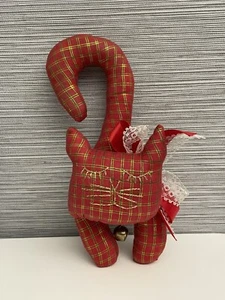 Handmade Plaid Plush Cat Door Knob Hanger Red w/Gold Stitching Bow and Bell - Picture 1 of 6