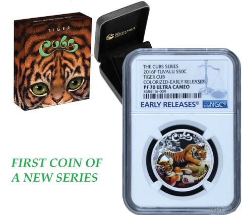 2016 P Tuvalu PROOF COLORIZED Silver The Tiger Cubs NGC PF70 1/2 oz Coin w/ OGP Cover