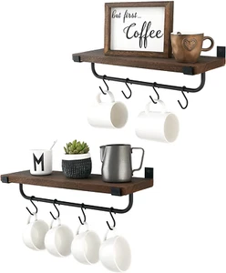 Mug Holder Wall Mounted Coffee Mug Rack Set of 2 Rustic Floating Shelf for Coffe - Picture 1 of 5