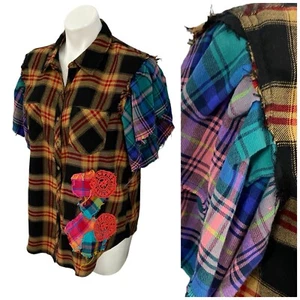 Upcycled Flannel Shirt Womens Large Boho Grunge Rock Country Concert Brown - Picture 1 of 21