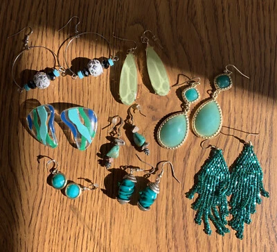 Aqua Blue Green Earrings Lot Resin Stone Open Back Settings Lovely In The Sun - Image 1 of 4