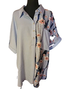 NEW 3X JODIFL Blue Floral Striped Short Sleeve Half Button Collared Blouse Top - Picture 1 of 8