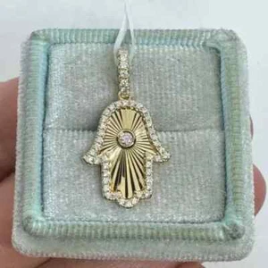 1Ct Round Lab Created Diamond Hamsa Hand Women's Pendant 14K Yellow Gold Plated - Picture 1 of 10