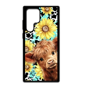 Sunflower Highland Cow Print Durable Protectve Womens Phone Case - Picture 1 of 7