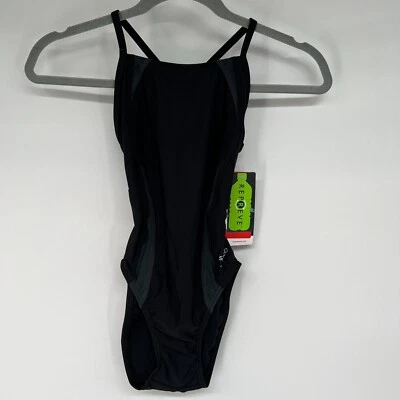 Nuevo con etiquetas Traje de baño Speedo Mujer 26 Negro Gris Una pieza Empalme Flipback Repreve UPF 50+ Foto 1 de 4