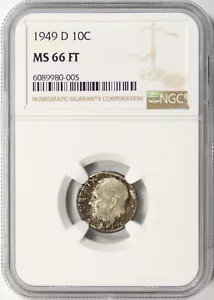 Moneda de diez centavos Roosevelt 1949-D 10c NGC MS66 FT - Imagen 1 de 4