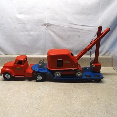 复古 Tonka 1955 Low Boy 拖车、卡车和蒸汽铲套装,原装 — 第 1/4 张图片