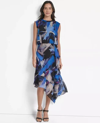 Vestido para mujer DKNY talla 4 estampado blusa dobladillo asimétrico Foto 1 de 4
