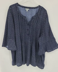 Catherines 3X Womens Ditzy Floral Blouse Top Navy Blue Pintuck Bell Sleeves Boho - Picture 1 of 9