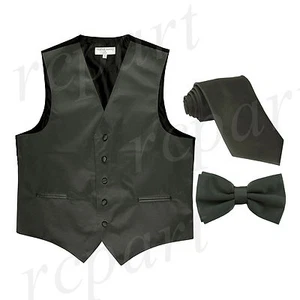 New Men's Solid Tuxedo Vest Waistcoat Necktie & Bowtie Set Party Prom Dark Gray - Picture 1 of 4