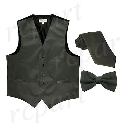 New Men's Solid Tuxedo Vest Waistcoat Necktie & Bowtie Set Party Prom Dark Gray - Image 1 of 4