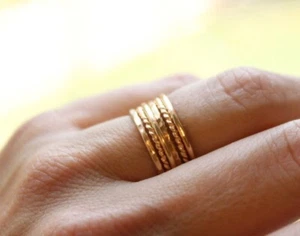 Set of 6 Solid Brass Plated Stacking Rings Smooth Twist Hammered Band Stack Ring - Picture 1 of 5