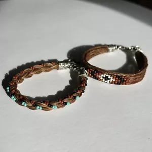 Pair of Pretty Braided Beaded Horse Hair Bracelets w/Silver Clasps & Charms - Picture 1 of 1