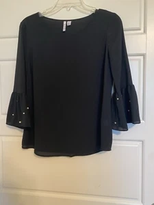 ELLE Women’s Sheer Black Blouse Sz XS Trumpet Sleeves with Pearls Round Neck - Picture 1 of 9