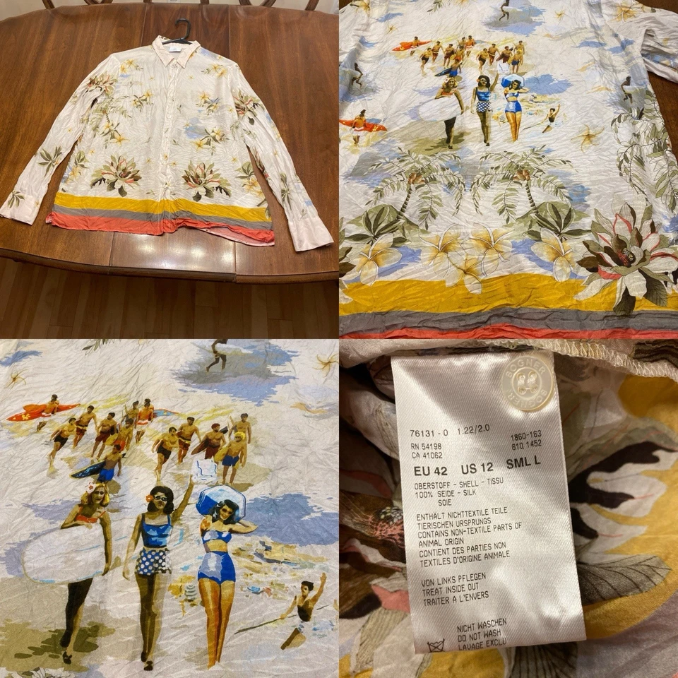 Blusa havaiana tropical Bogner 100% seda manga longa gola alta tamanho 12 - Imagem 1 de 4