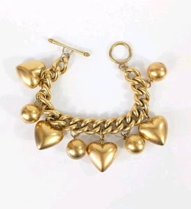 Bracciale Pendente Cuore Puffy Oro Opaco E Palline Charm Vintage - Foto 1 di 10