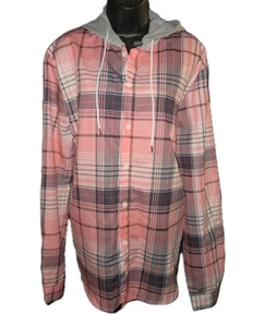 Women's Plaid Longsleeve Hoodie Pink & Gray Flannel Blouse Button-up Size XXL - Picture 1 of 7
