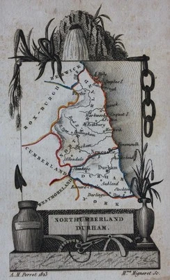 Uncommon original antique map ENGLAND, NORTHUMBERLAND, DURHAM, Perrot,1823 - Image 1 of 2