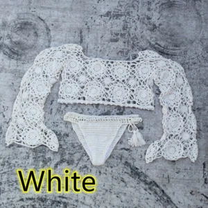 Handgehäkeltes Bikini Set durchsichtige Ärmel Strand Sommer Cover UP Bademode Anzug - Bild 1 von 6