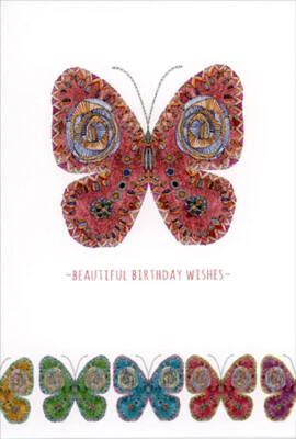 Dark Red Sparkling Butterfly  Small Butterflies Along Bottom Birthday Card - Image 1 of 2