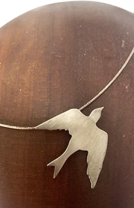 1970s Modernist Sterling Silver Swallow Bird Pendant Choker Chain 925 Necklace - Picture 1 of 15