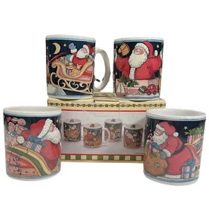 VTG SUSAN WINGET 1993 Christmas Santa Mugs Cups Set of 4 Primitive Reindeer - Picture 1 of 5