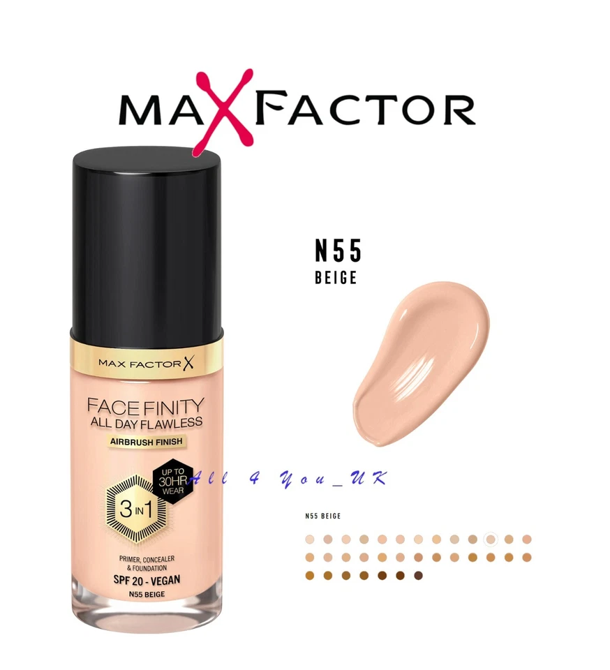 MAX FACTOR FACEFINITY ALL DAY FLAWLESS 3 IN 1 VEGAN FOUNDATION SPF20 N55 BEIGE - Image 1 of 1