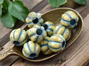 8mm Turquoise Washed Beige Picasso Large Hole Melon Czech Glass Beads - 20 Beads - Picture 1 of 7