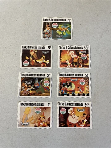 Vintage Disney Turks & Caicos Islands Christmas 1980 "Pinocchio" Stamps (7) Cover