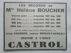 8/1934 PUB ÖL CASTROL RECORD HELENE BOUCHER CAUDRON RENAULT BENGALI AD - Bild 1 von 1