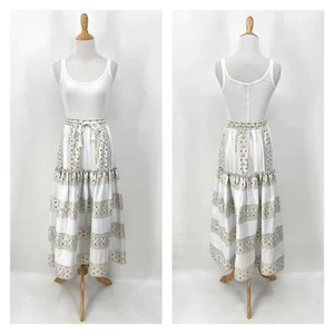KASIA Ariel Maxi Skirt Womens Medium White Metallic Gold Blue Aztec Print Tiered - Picture 1 of 13